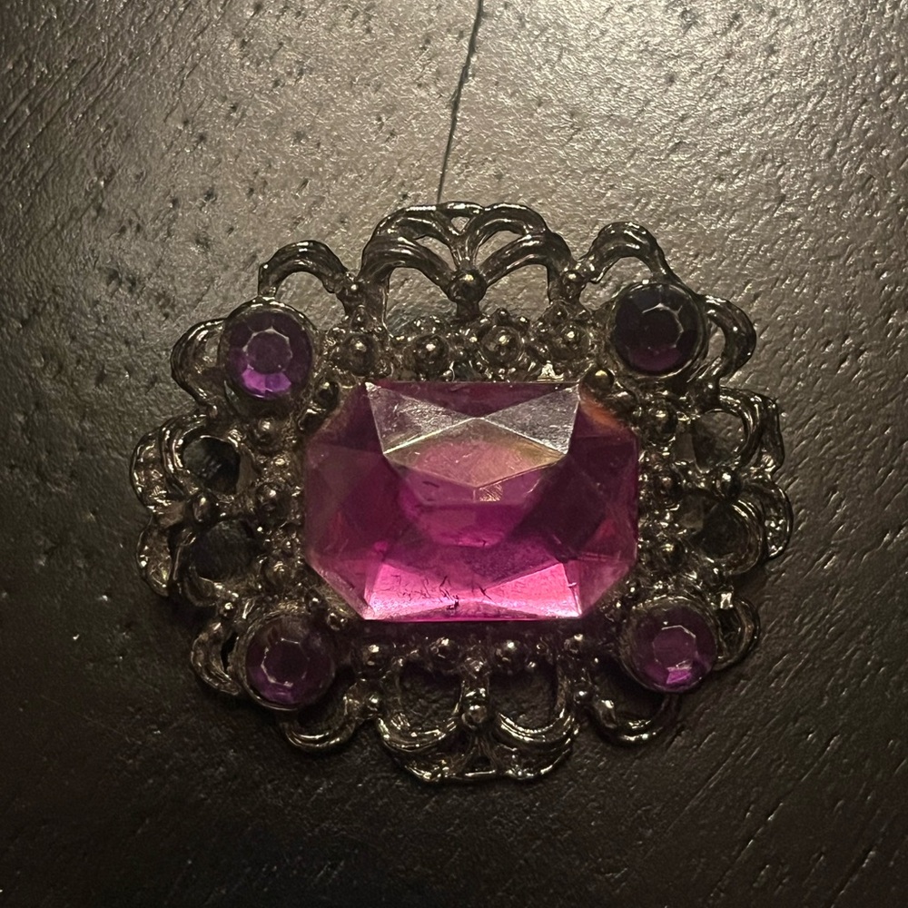 Vintage Silver Tone Brooch with Purple Stones